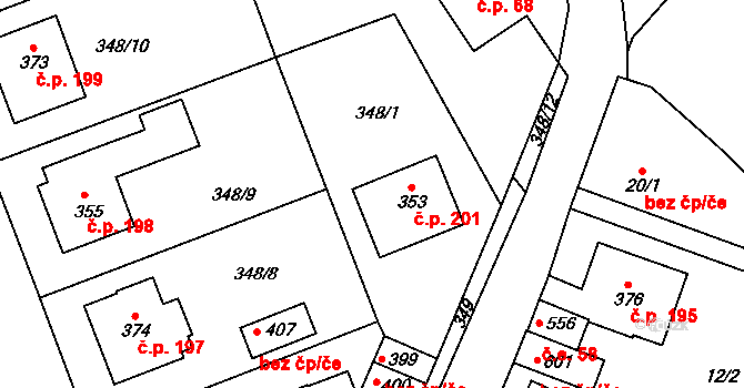 Velký Beranov 201 na parcele st. 353 v KÚ Velký Beranov, Katastrální mapa
