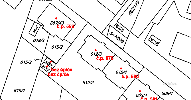 Vyškov-Předměstí 579, Vyškov na parcele st. 612/3 v KÚ Vyškov, Katastrální mapa