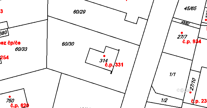 Hovorčovice 331 na parcele st. 314 v KÚ Hovorčovice, Katastrální mapa
