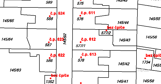Rozdělov 612, Kladno na parcele st. 577/1 v KÚ Rozdělov, Katastrální mapa