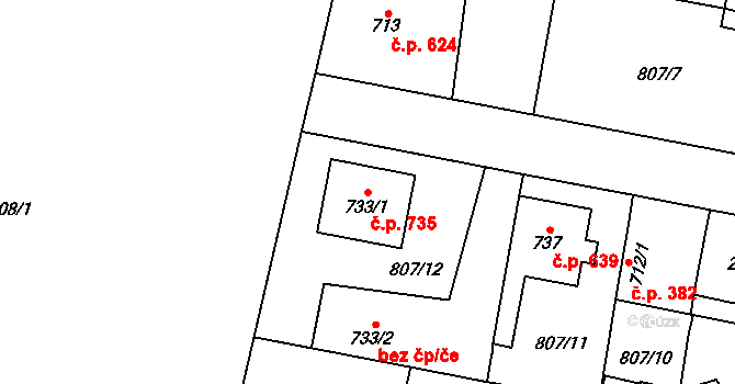 Třebechovice pod Orebem 735 na parcele st. 733/1 v KÚ Třebechovice pod Orebem, Katastrální mapa