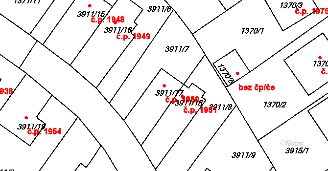 Roudnice nad Labem 1950 na parcele st. 3911/17 v KÚ Roudnice nad Labem, Katastrální mapa