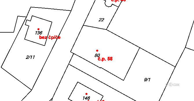 Kozojedy 58 na parcele st. 80 v KÚ Kozojedy u Žlunic, Katastrální mapa