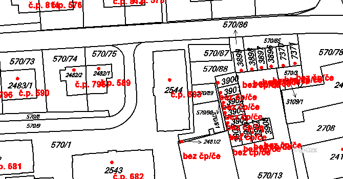 Borovina 683, Třebíč na parcele st. 2544 v KÚ Třebíč, Katastrální mapa