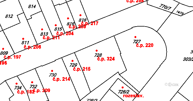 Jundrov 324, Brno na parcele st. 728 v KÚ Jundrov, Katastrální mapa