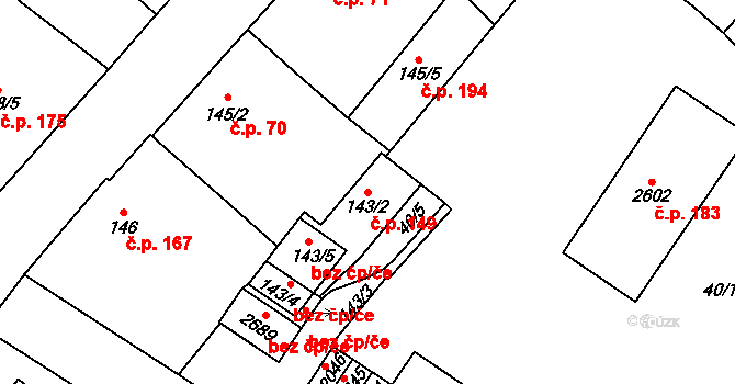 Střed 149, Rokycany na parcele st. 143/2 v KÚ Rokycany, Katastrální mapa