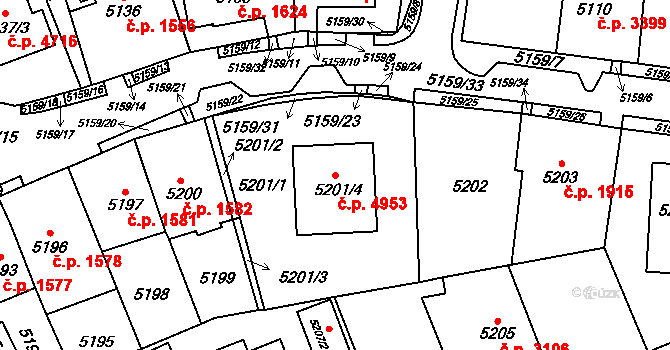 Chomutov 4953 na parcele st. 5201/4 v KÚ Chomutov I, Katastrální mapa