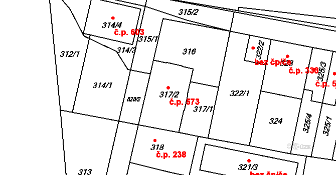 Doudlevce 573, Plzeň na parcele st. 317/2 v KÚ Doudlevce, Katastrální mapa