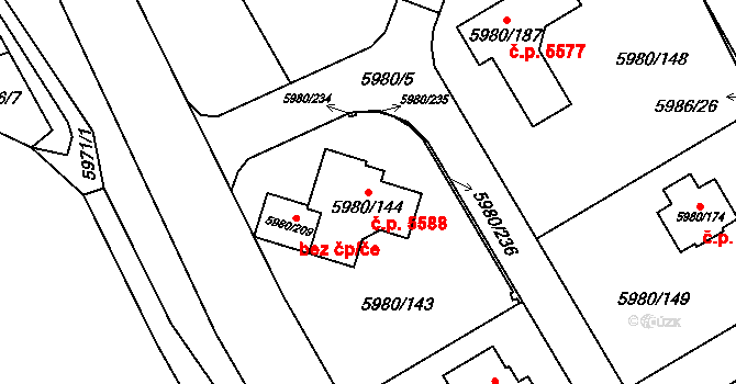 Chomutov 5588 na parcele st. 5980/144 v KÚ Chomutov I, Katastrální mapa