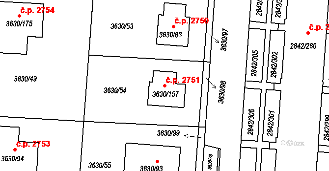 Louny 2751 na parcele st. 3630/157 v KÚ Louny, Katastrální mapa