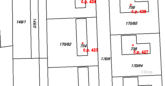 Louky 423, Zlín na parcele st. 734 v KÚ Louky nad Dřevnicí, Katastrální mapa