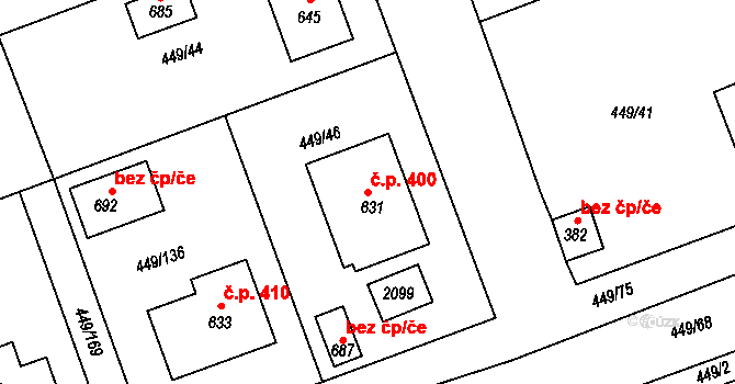 Merklín 400 na parcele st. 631 v KÚ Merklín u Přeštic, Katastrální mapa