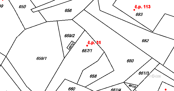 Štípa 31, Zlín na parcele st. 657/1 v KÚ Štípa, Katastrální mapa