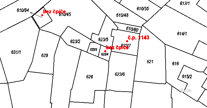 Sadská 46297812 na parcele st. 623/4 v KÚ Sadská, Katastrální mapa