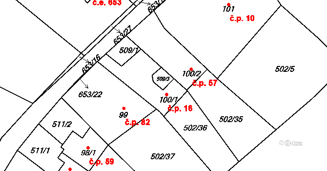 Solopisky 16, Třebotov na parcele st. 100/1 v KÚ Třebotov, Katastrální mapa
