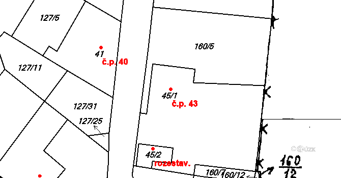 Střelice 43 na parcele st. 45/1 v KÚ Střelice, Katastrální mapa