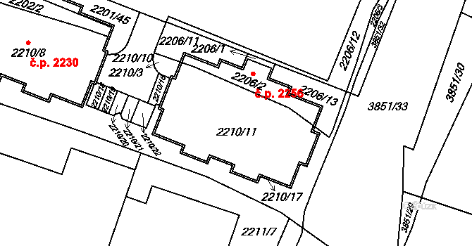 Bolevec 2256, Plzeň na parcele st. 2210/11 v KÚ Bolevec, Katastrální mapa