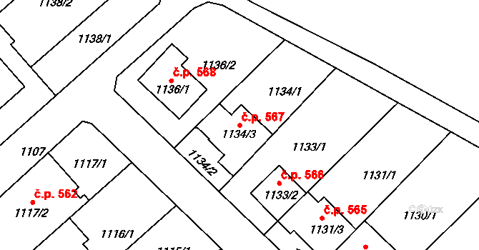 Hlohovec 567 na parcele st. 1134/3 v KÚ Hlohovec, Katastrální mapa