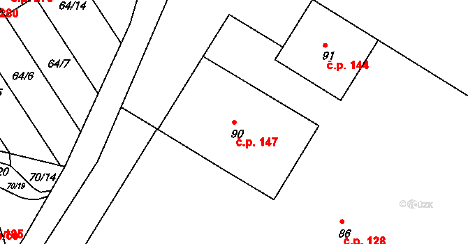 Velké Březno 147 na parcele st. 90 v KÚ Velké Březno, Katastrální mapa