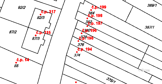 Pouzdřany 196 na parcele st. 378 v KÚ Pouzdřany, Katastrální mapa