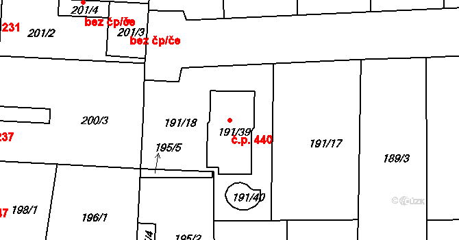 Všetuly 440, Holešov na parcele st. 191/39 v KÚ Všetuly, Katastrální mapa