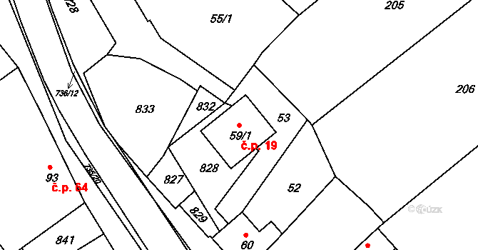 Jarohněvice 19 na parcele st. 59/1 v KÚ Jarohněvice, Katastrální mapa