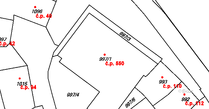 Plumlov 550 na parcele st. 997/1 v KÚ Plumlov, Katastrální mapa