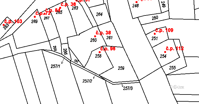 Seloutky 96 na parcele st. 258 v KÚ Seloutky, Katastrální mapa