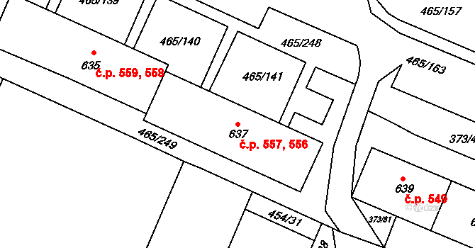 Přímětice 556,557, Znojmo na parcele st. 637 v KÚ Přímětice, Katastrální mapa