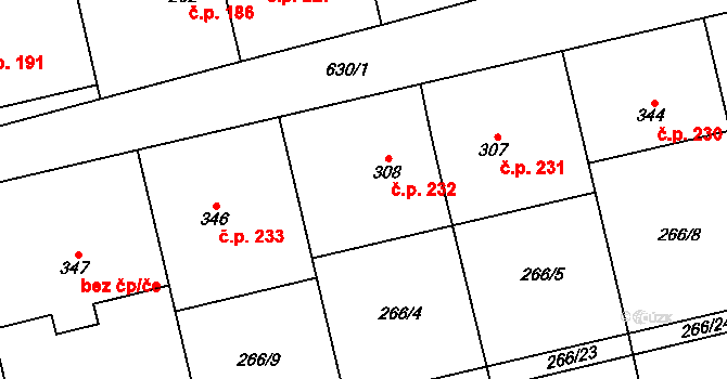Lobodice 232 na parcele st. 308 v KÚ Lobodice, Katastrální mapa