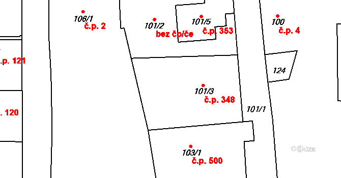 Jeneč 348 na parcele st. 101/3 v KÚ Jeneč u Prahy, Katastrální mapa