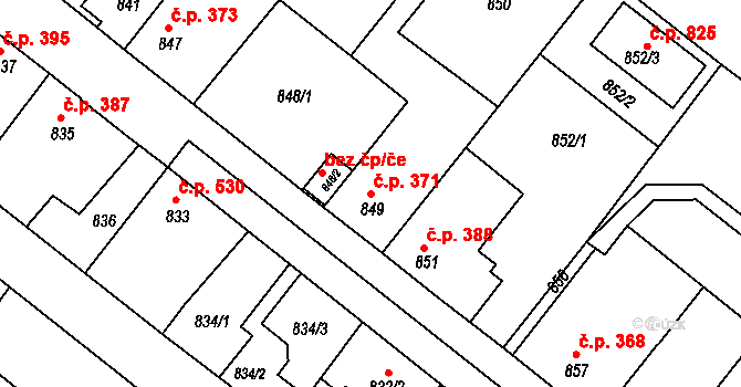 Veverská Bítýška 371 na parcele st. 849 v KÚ Veverská Bítýška, Katastrální mapa