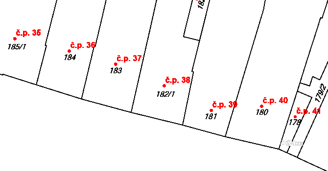 Kyjov 38 na parcele st. 182/1 v KÚ Kyjov, Katastrální mapa