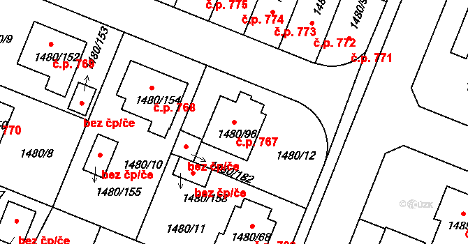 Bechyně 767 na parcele st. 1480/96 v KÚ Bechyně, Katastrální mapa