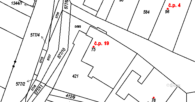 Hradíšťko 19, Žeretice na parcele st. 75 v KÚ Hradíšťko, Katastrální mapa