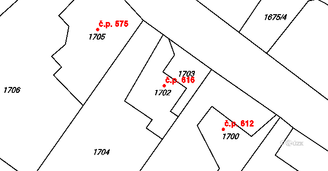 Dolní Lutyně 616 na parcele st. 1702 v KÚ Dolní Lutyně, Katastrální mapa