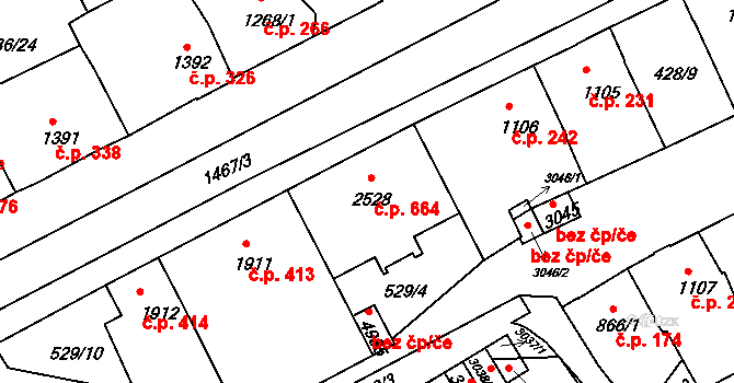 Stařečka 664, Třebíč na parcele st. 2528 v KÚ Třebíč, Katastrální mapa