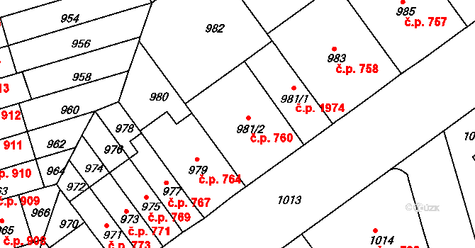 Černá Pole 760, Brno na parcele st. 981/2 v KÚ Černá Pole, Katastrální mapa