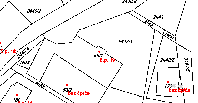 Předčice 19, Týn nad Vltavou na parcele st. 50/1 v KÚ Předčice, Katastrální mapa
