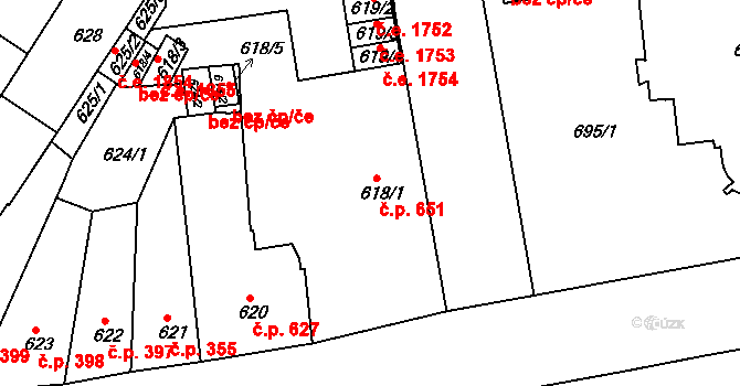Teplice 651 na parcele st. 618/1 v KÚ Teplice, Katastrální mapa