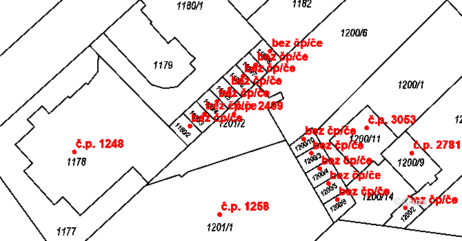 Teplice 2499 na parcele st. 1201/2 v KÚ Teplice, Katastrální mapa