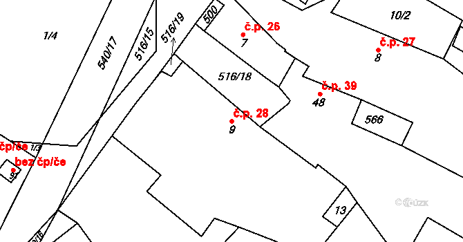 Štítov 28, Blovice na parcele st. 9 v KÚ Štítov u Blovic, Katastrální mapa