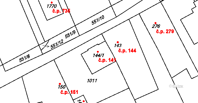 Libiš 141 na parcele st. 144/1 v KÚ Libiš, Katastrální mapa