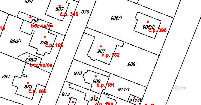Satalice 182, Praha na parcele st. 907 v KÚ Satalice, Katastrální mapa