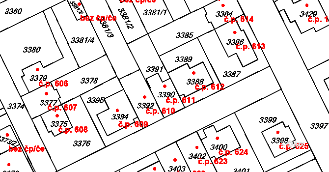 Záběhlice 611, Praha na parcele st. 3390 v KÚ Záběhlice, Katastrální mapa