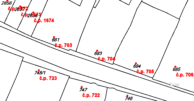 Rosice 704 na parcele st. 683 v KÚ Rosice u Brna, Katastrální mapa