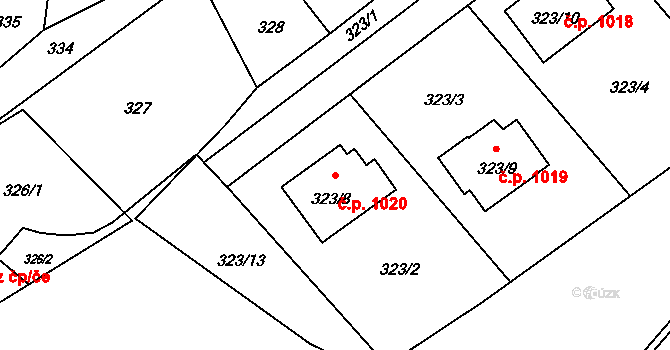 Ráj 1020, Karviná na parcele st. 323/8 v KÚ Ráj, Katastrální mapa