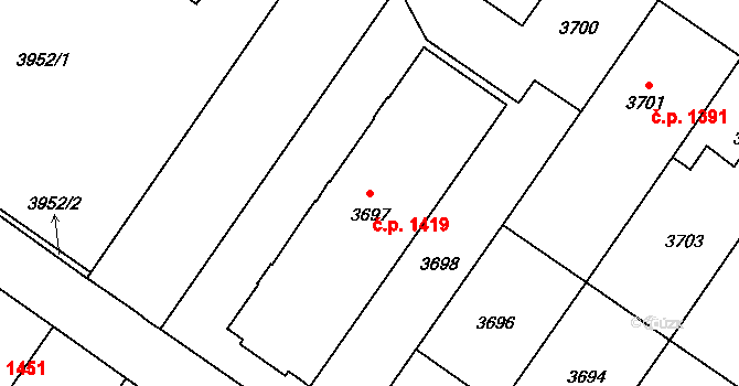 Vsetín 1419 na parcele st. 3697 v KÚ Vsetín, Katastrální mapa