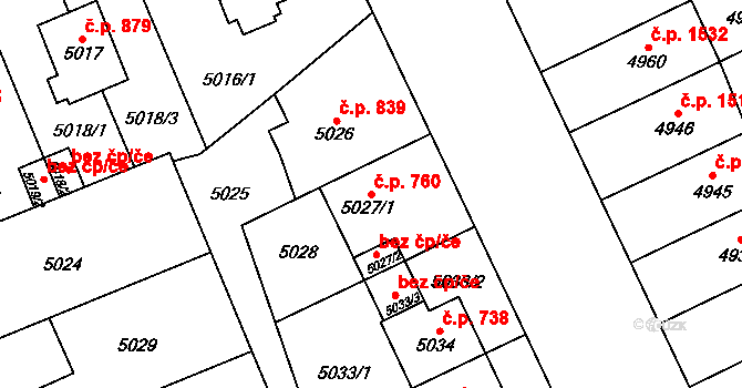 Východní Předměstí 760, Plzeň na parcele st. 5027/1 v KÚ Plzeň, Katastrální mapa