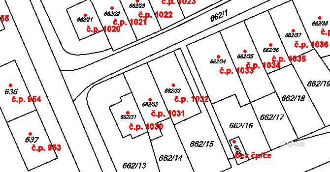 Oslavany 1032 na parcele st. 662/33 v KÚ Oslavany, Katastrální mapa